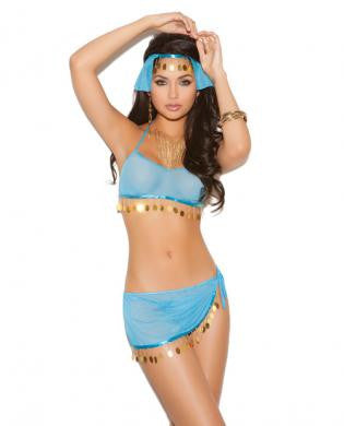 Vivace 4 pc mesh top, skirt, head piece and g-string turquoise o/s